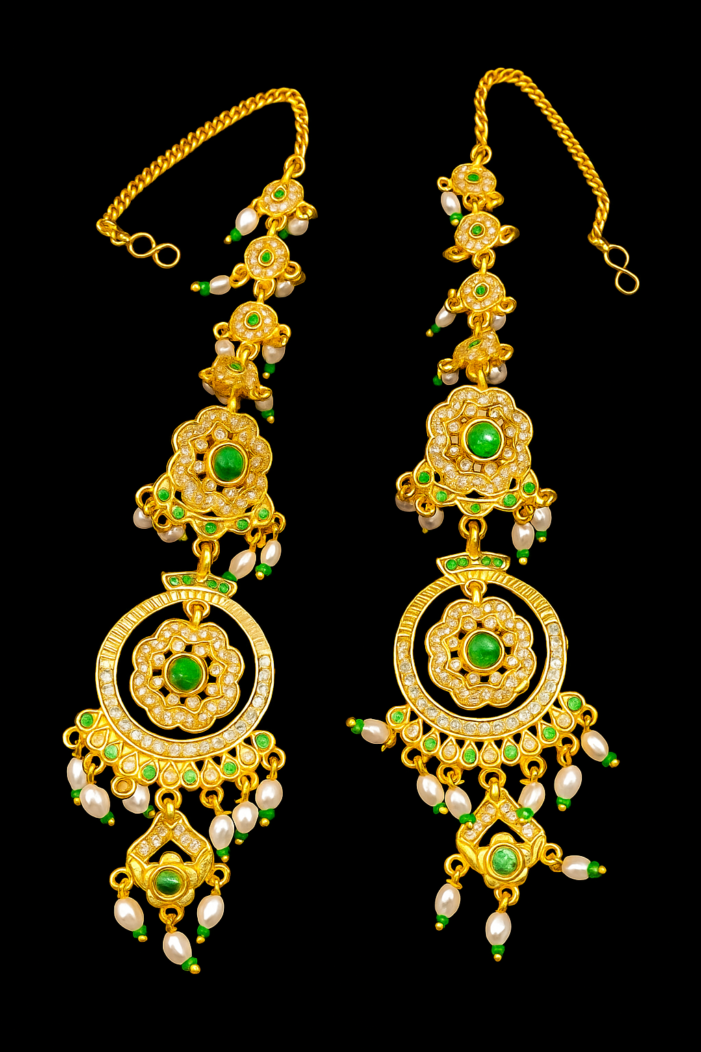 Traditional Gold Plated Green Stone & Pearl Jhumka Earrings for Women & Girls | Ethnic Long Dangler Earrings | Bridal & Festive Wear Jewelry ethnic earrings, gold plated earrings, kundan earrings, green stone earrings,