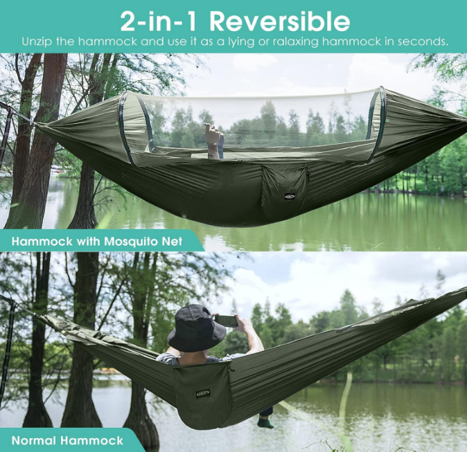  Large Camping Hammock with Mosquito Net 2 Person Pop-up Parachute Lightweight Hanging Hammocks Tree Straps Swing Hammock Bed for Outdoor Backpacking Backyard Hiking