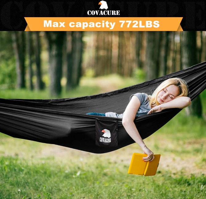 Camping Hammock - Lightweight Double Hammock, Hold Up to 772lbs, Portable Hammocks for Indoor, Outdoor, Hiking, Camping, Backpacking, Travel, Backyard, Beach(Black)
