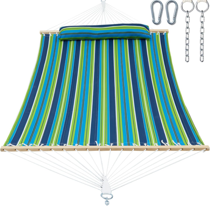 Double Quilted Fabric Tree Hammock with Spreader Bar, 14ft Hammocks 2 Person for Outside, Fits 12ft -14ft Hammock Stand, Large Pillow & Side Pockets & Carabiners, Max 475 lbs Capacity (Garden)