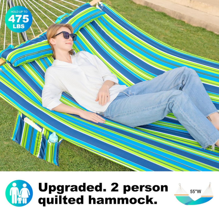 Double Quilted Fabric Tree Hammock with Spreader Bar, 14ft Hammocks 2 Person for Outside, Fits 12ft -14ft Hammock Stand, Large Pillow & Side Pockets & Carabiners, Max 475 lbs Capacity (Garden)