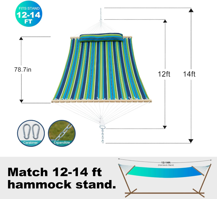 Double Quilted Fabric Tree Hammock with Spreader Bar, 14ft Hammocks 2 Person for Outside, Fits 12ft -14ft Hammock Stand, Large Pillow & Side Pockets & Carabiners, Max 475 lbs Capacity (Garden)