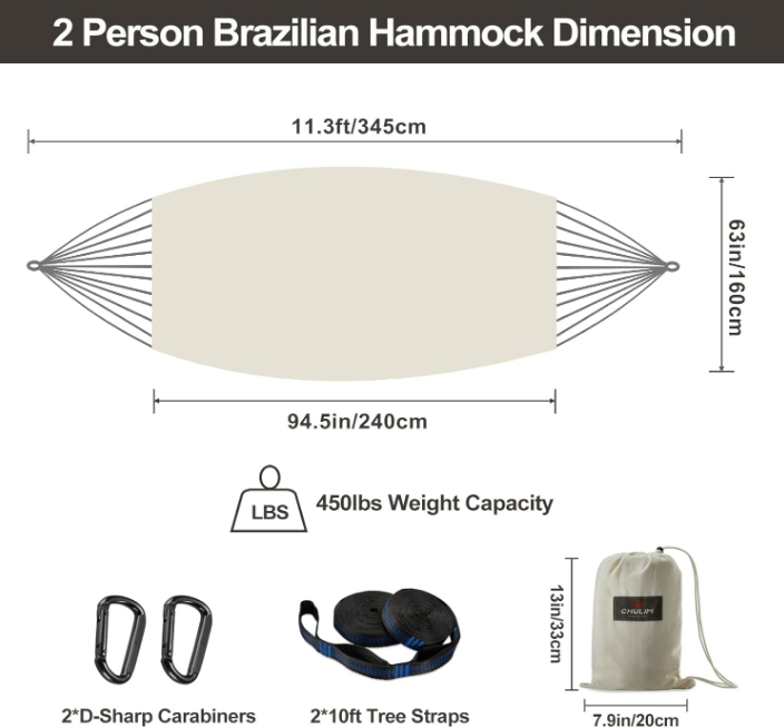 Brazilian Double Hammock with Tree Straps,Extra Large 240x160cm,2 Persons Hammock for Backyard Patio Outdoor and Indoor,450lbs Weight Capacity,Soft Woven Cotton Fabric