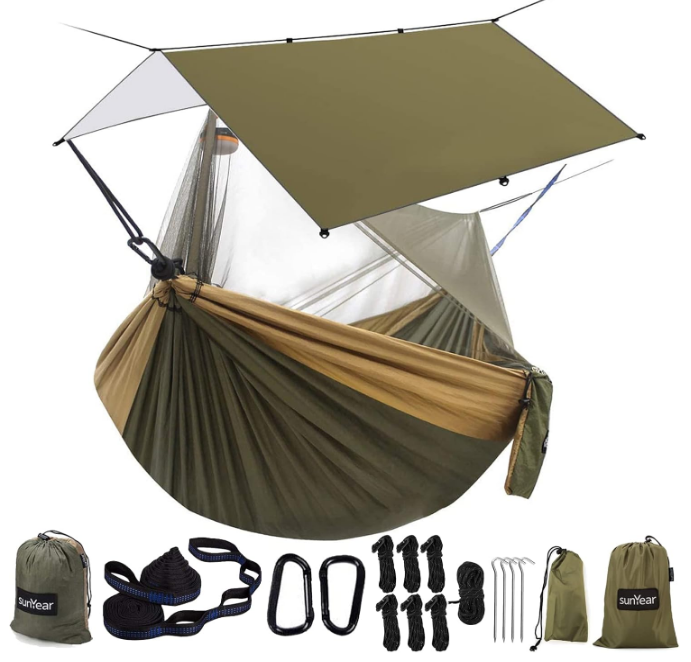 Hammock Camping with Rain Fly Tarp and Net, Portable Camping Hammock Double Tree Hammock Outdoor Indoor Backpacking Travel & Survival, 2 Tree Straps,100% Waterproof