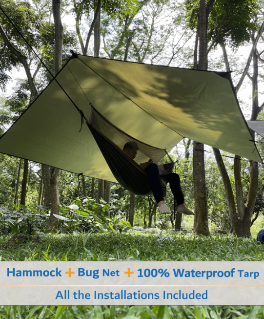 Hammock Camping with Rain Fly Tarp and Net, Portable Camping Hammock Double Tree Hammock Outdoor Indoor Backpacking Travel & Survival, 2 Tree Straps,100% Waterproof
