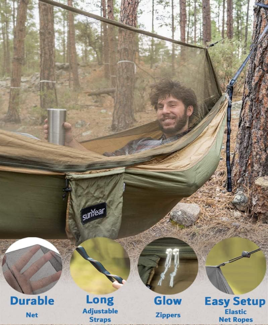 Hammock Camping with Rain Fly Tarp and Net, Portable Camping Hammock Double Tree Hammock Outdoor Indoor Backpacking Travel & Survival, 2 Tree Straps,100% Waterproof