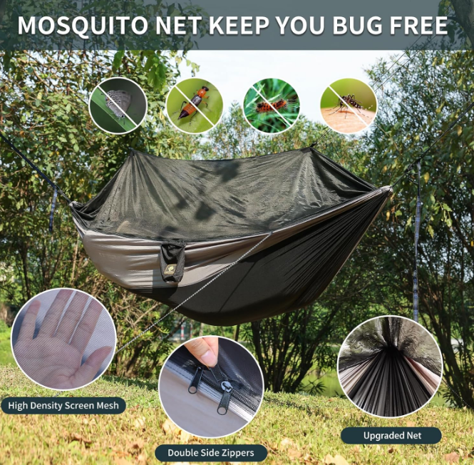 Camping Hammock with Net,Travel Portable Lightweight Hammocks with Tree Straps and Solid D-Shape Carabiners,Parachute Nylon Hammock for Outsides Backpacking Beach Backyard Patio Hiking