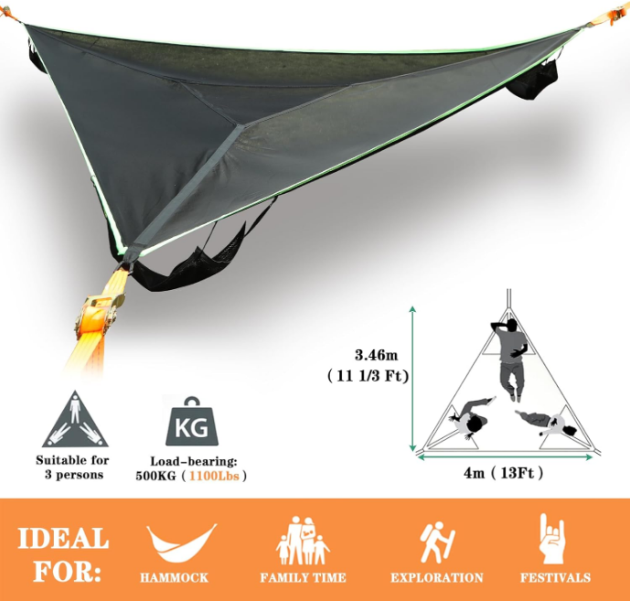 Camping Hammock, 13 Ft Triangle Hammock for Outside with 3 Ratchet Tie Down Straps and Storage Bag, Portable Hammock Max 800 Lbs for 2-6 Adult or Kid for Outdoor Travel (157''/400cm)
