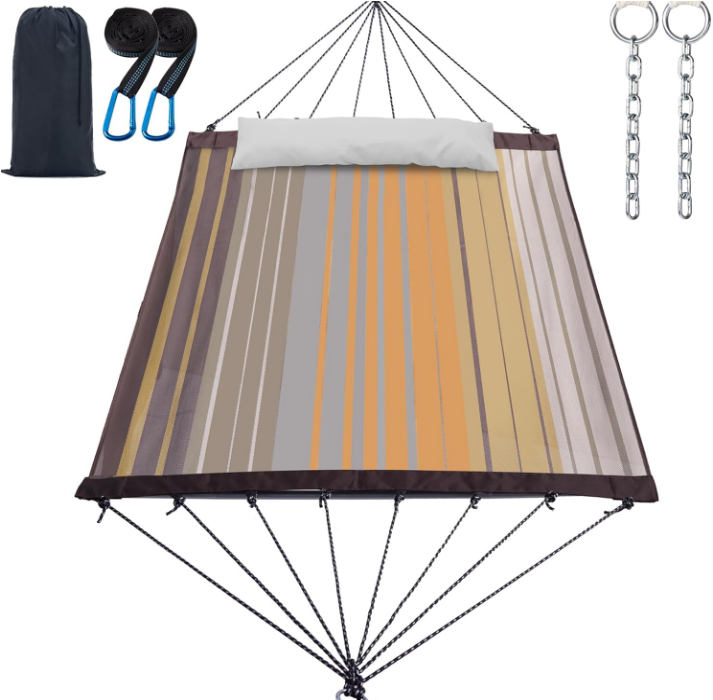 14ft Two Person Outdoor Hammock, Portable Camping with Folding Steel Spreader Bar, Carrying Bag, Carabiners, Tree Straps, Pillow & Sidebag, Quick Dry Textilene, 550 lbs Capacity (Coffee)