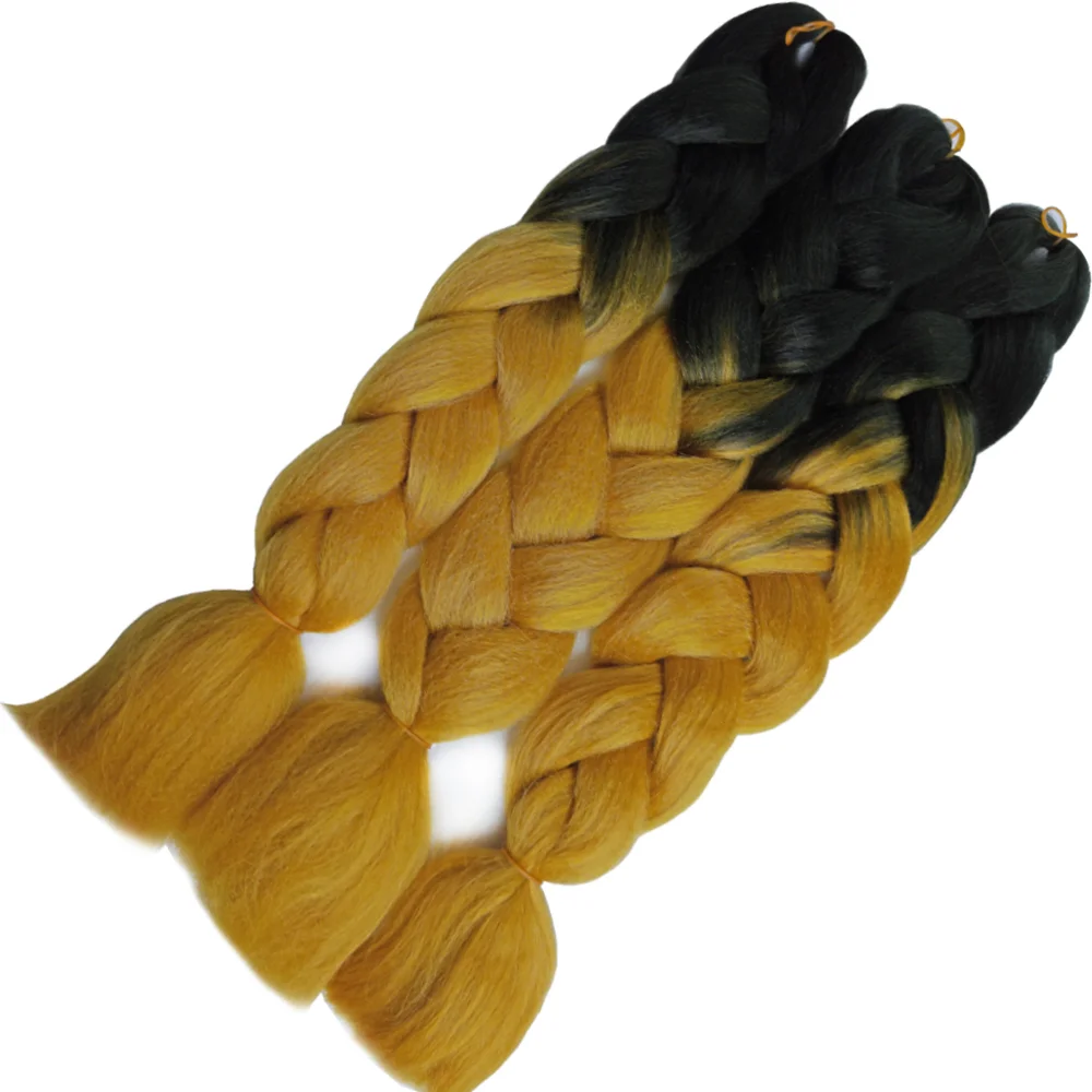 Ombre Braiding Hair Extensions Fake Hair Kanekalon 2 Tone, 3 pcs 24inch 100g, B10 black and golden blond Plus Kit