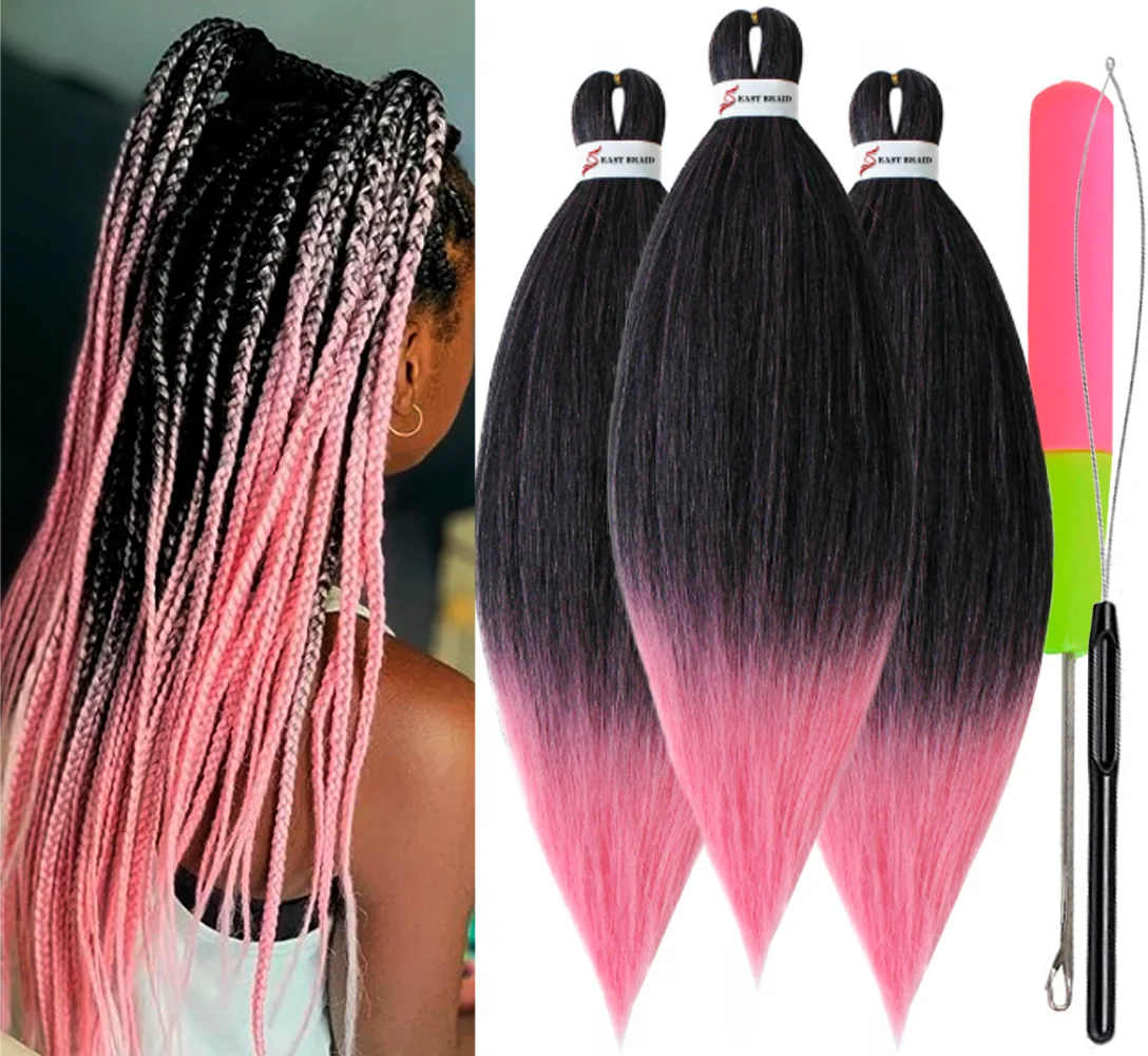 Pre Stretched Braiding Hair, 3 pcs, T1B Pink#