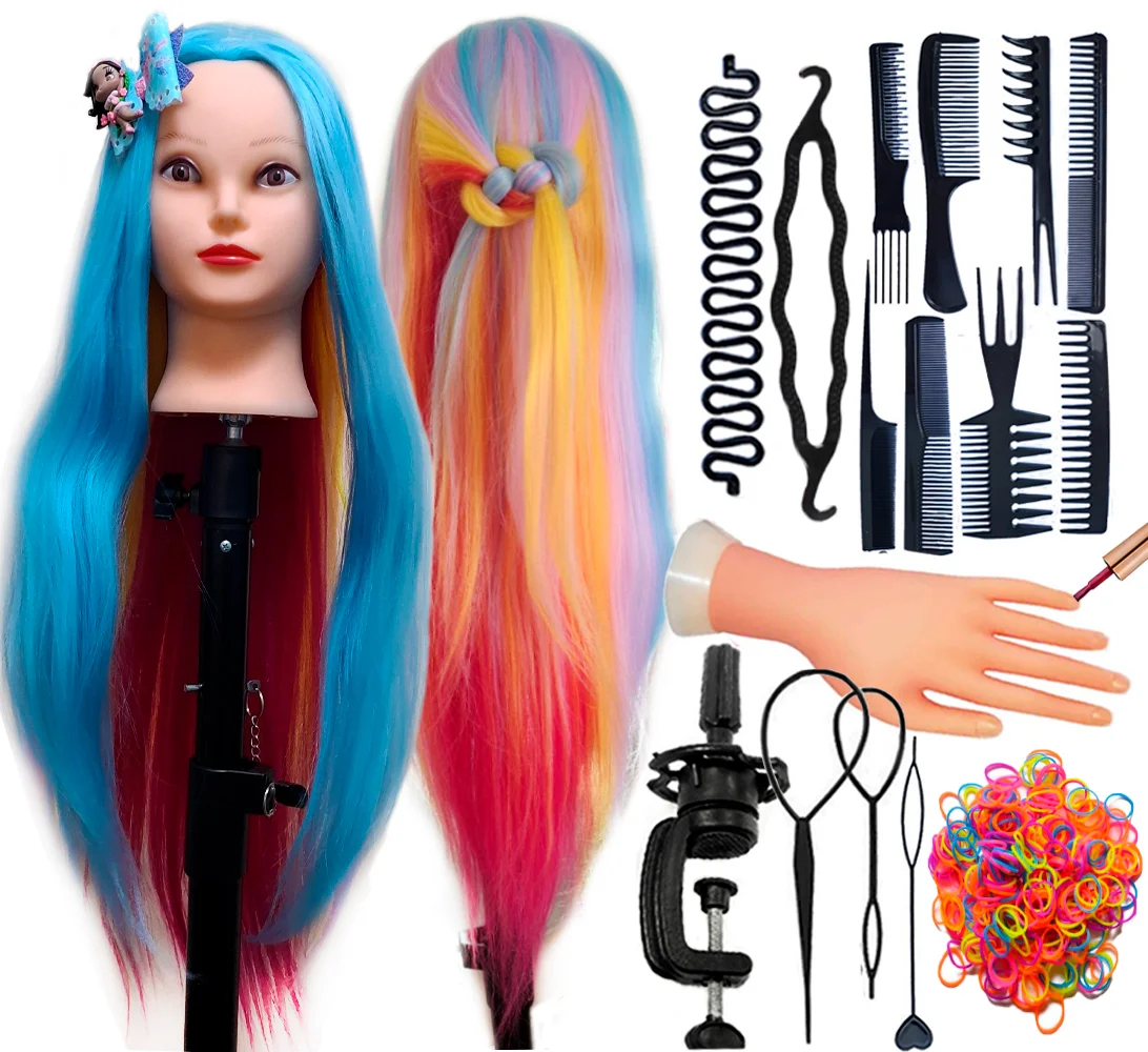 Mannequin Head Colorful Long Synthetic Hair with Training Kit for Hairstyles and Manicure DHM6