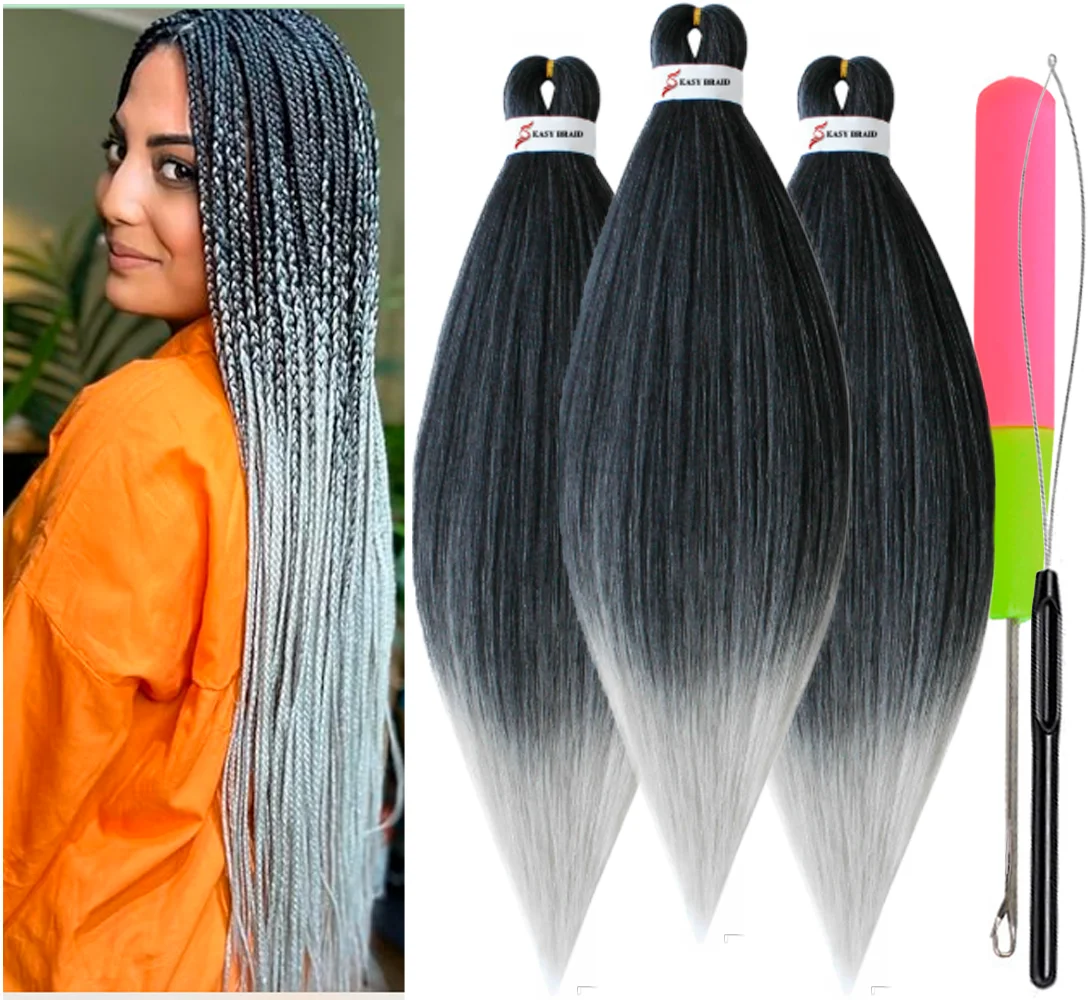 Pre Stretched Braiding Hair, 3 pcs, T1B Silver#
