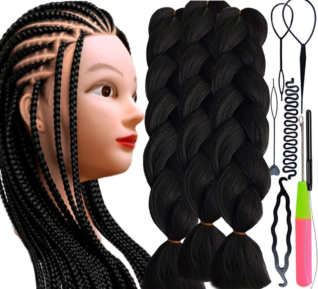 Training Kit For Braids With Training Head With Hair, Synthetic Hair Kanekalon 3pcs, Braiding Kit