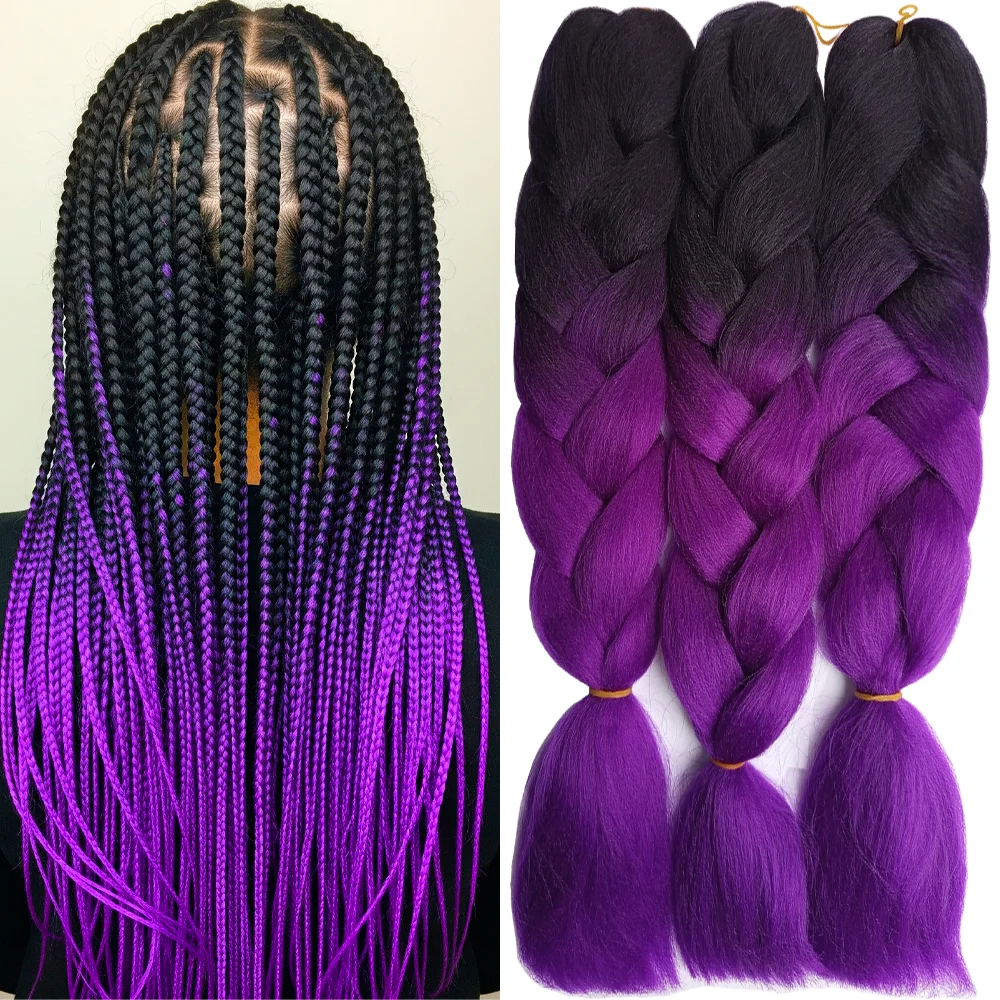 Ombre Braiding Hair Extensions Fake Hair Kanekalon 2 Tone, 3 pcs 24inch 100g, B26 black and purple Plus Kit