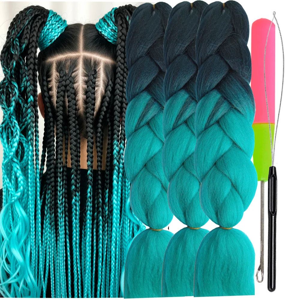 Ombre Braiding Hair Extensions Fake Hair Kanekalon 2 Tone, 3 pcs 24inch 100g, B19 black and aquamarine Plus Kit