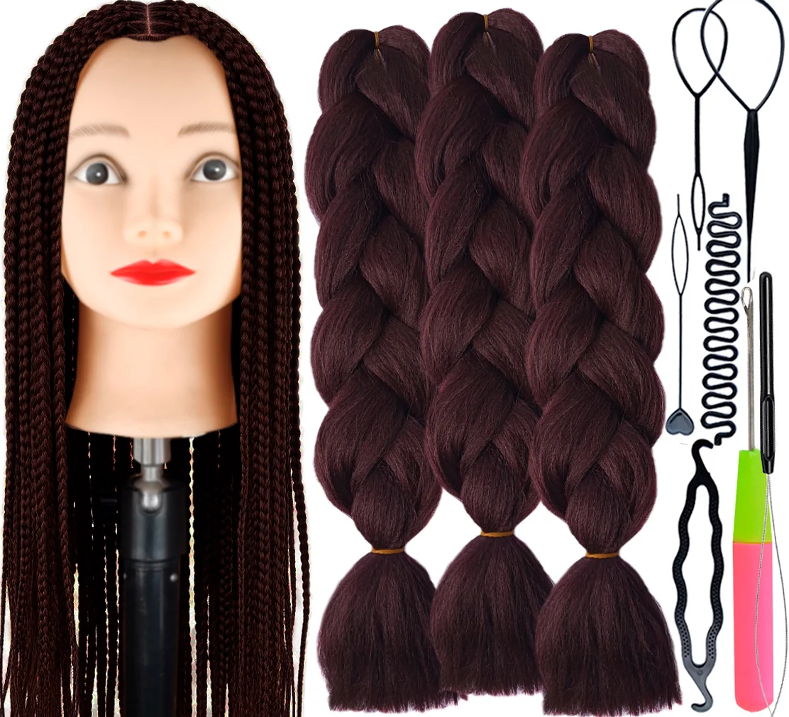 Training Kit For Braids With Head Gear Training Head, Synthetic Hair Kanekalon 3pcs, Braiding Kit