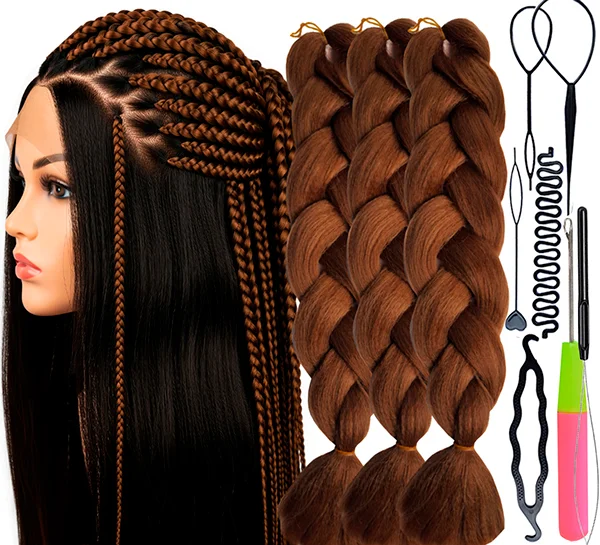 Training Kit For Braids With Head Gear Training Head, Synthetic Hair Kanekalon 3pcs, Braiding Kit