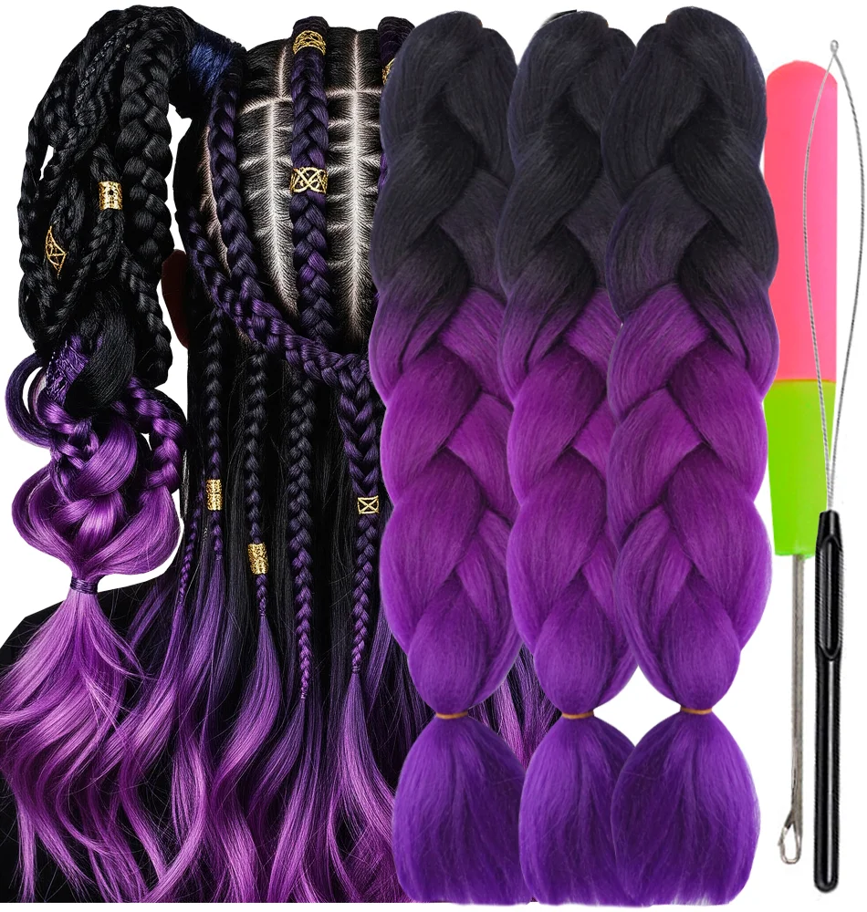 Ombre Braiding Hair Extensions Fake Hair Kanekalon 2 Tone, 3 pcs 24inch 100g, B26 black and purple Plus Kit