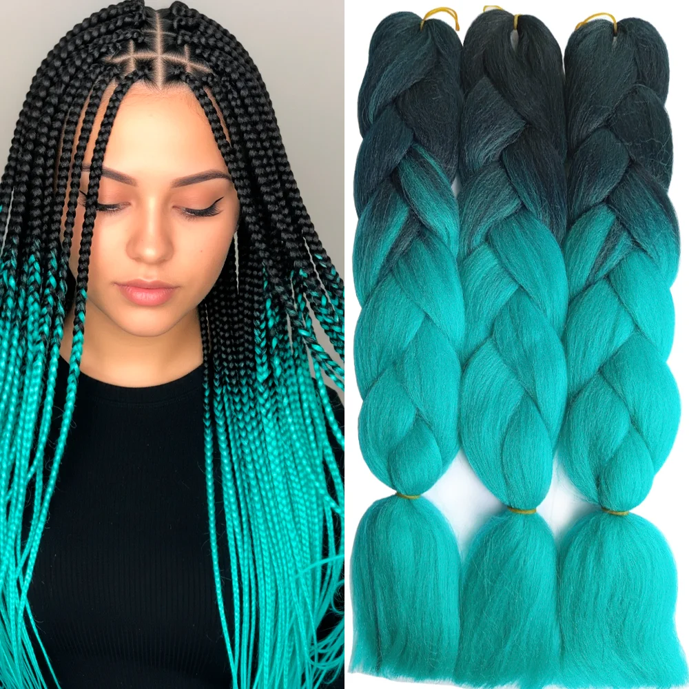 Ombre Braiding Hair Extensions Fake Hair Kanekalon 2 Tone, 3 pcs 24inch 100g, B19 black and aquamarine Plus Kit