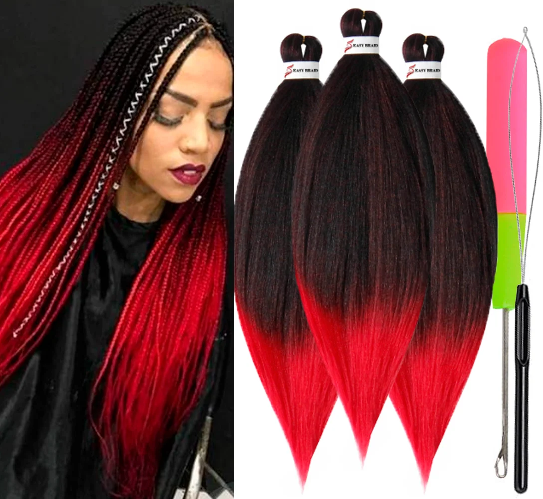 Pre Stretched Braiding Hair, 3 pcs, T1B Red#