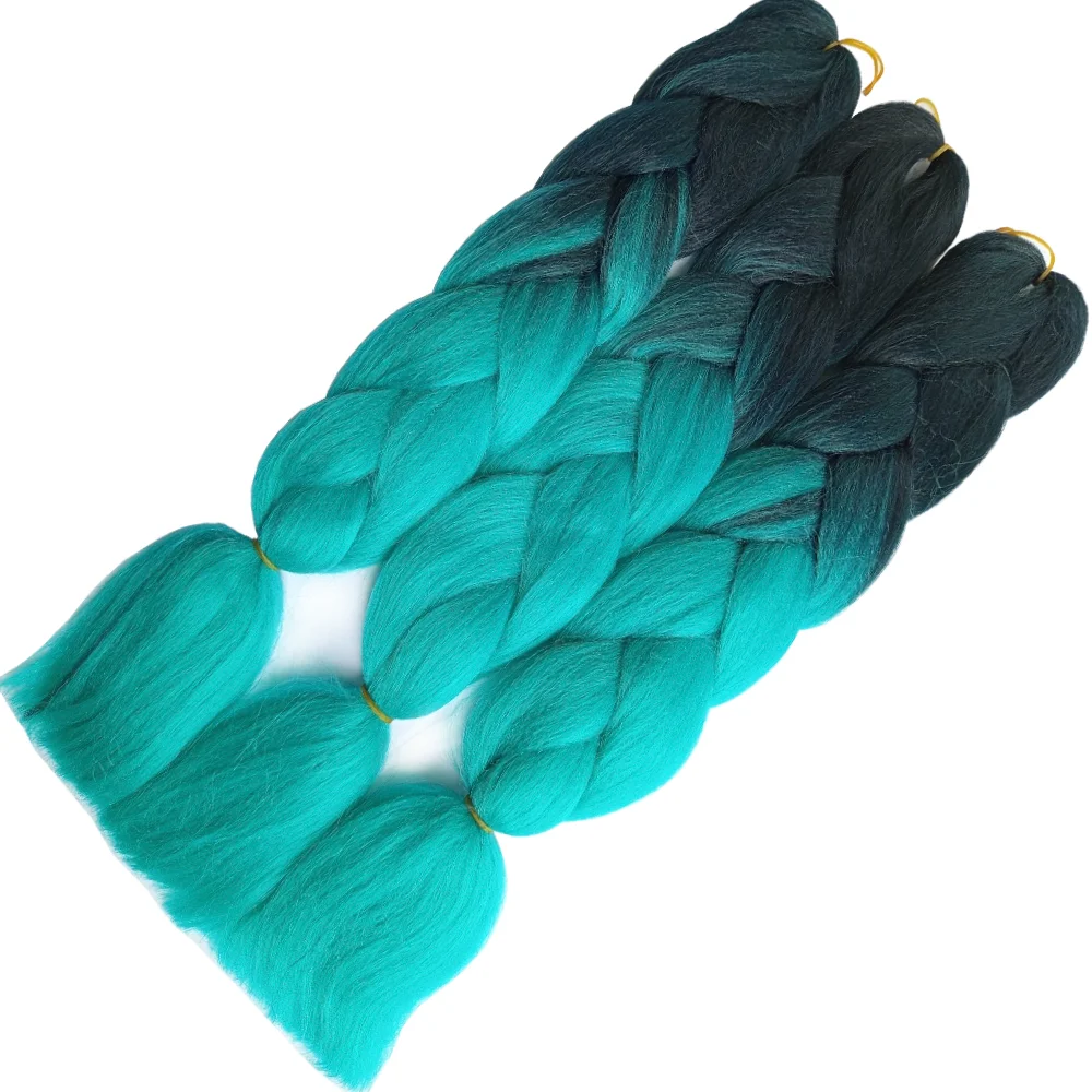 Ombre Braiding Hair Extensions Fake Hair Kanekalon 2 Tone, 3 pcs 24inch 100g, B19 black and aquamarine Plus Kit