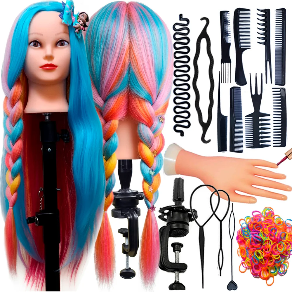 Mannequin Head Colorful Long Synthetic Hair with Training Kit for Hairstyles and Manicure DHM6