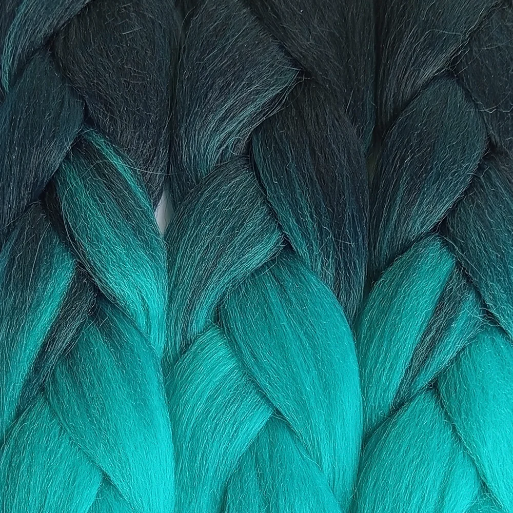Ombre Braiding Hair Extensions Fake Hair Kanekalon 2 Tone, 3 pcs 24inch 100g, B19 black and aquamarine Plus Kit