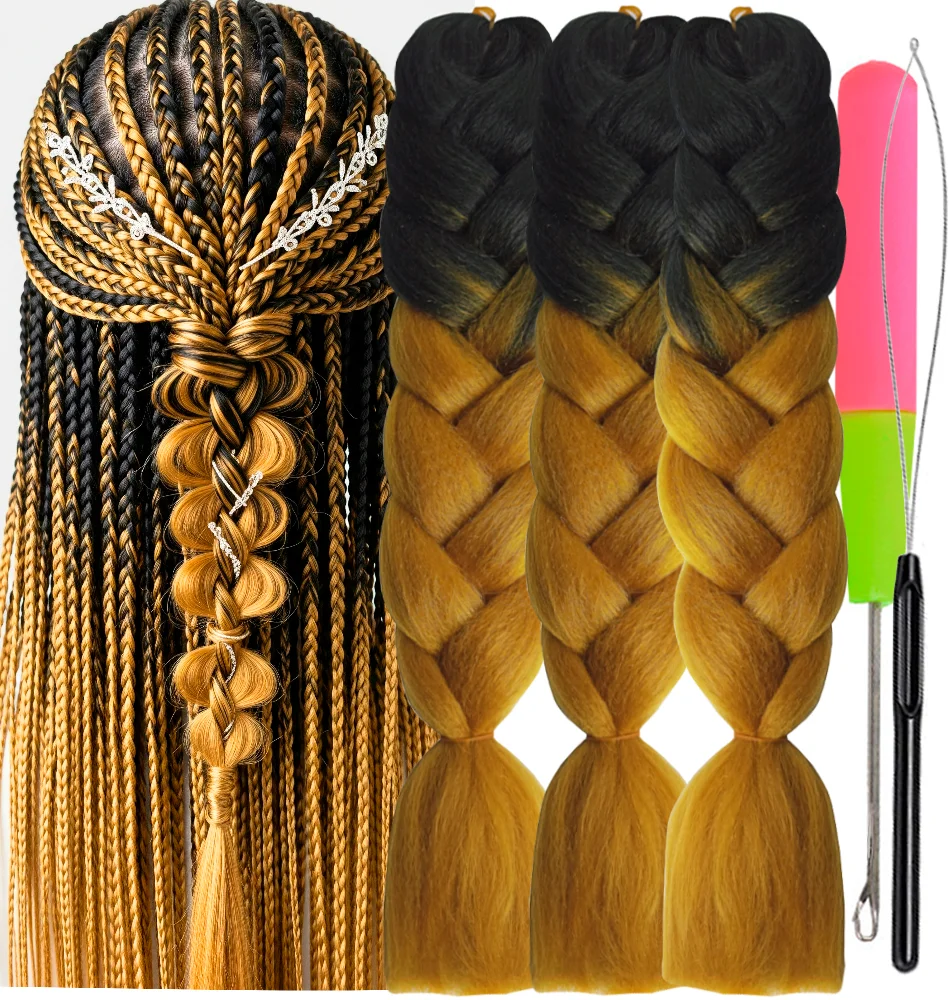Ombre Braiding Hair Extensions Fake Hair Kanekalon 2 Tone, 3 pcs 24inch 100g, B10 black and golden blond Plus Kit