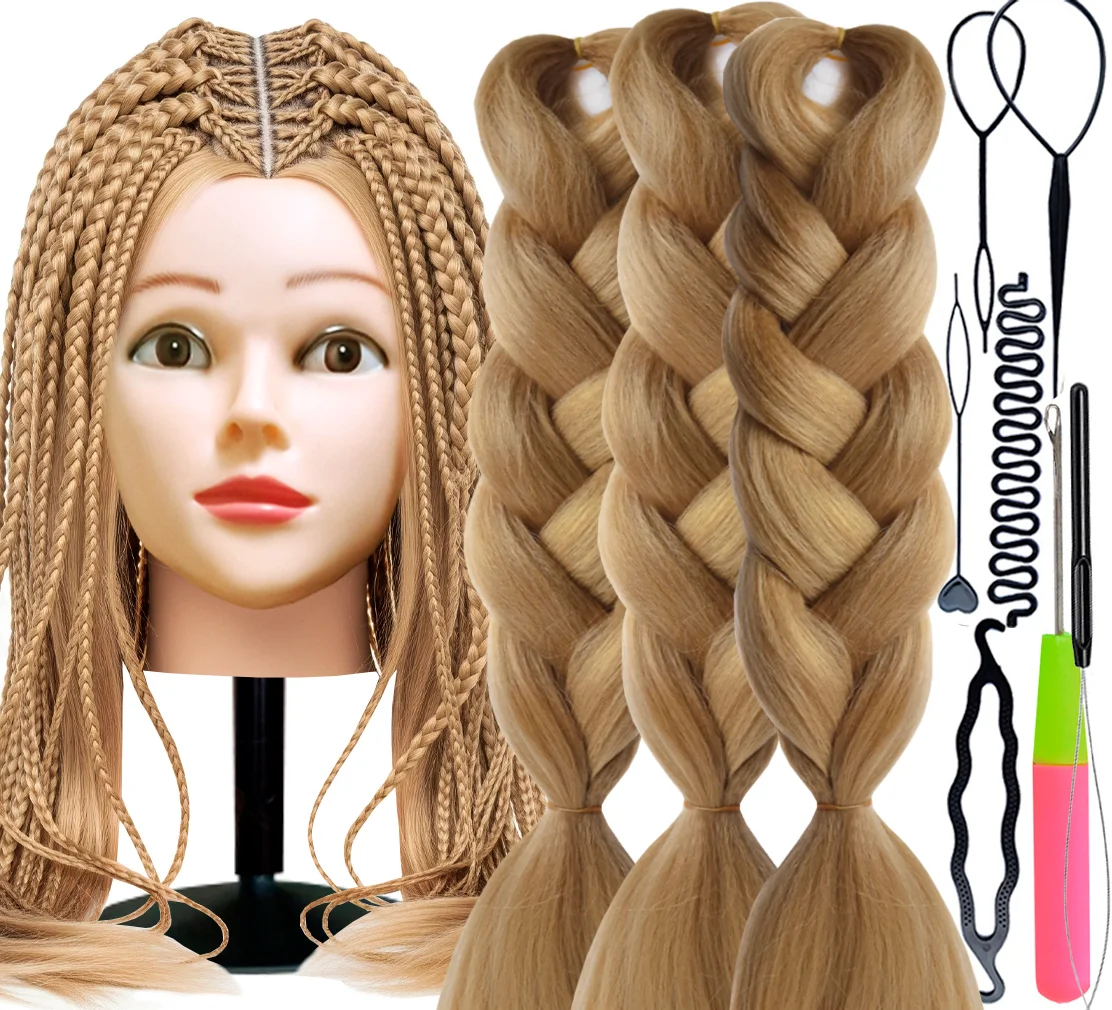 Training Kit For Braids With Head Gear Training Head, Synthetic Hair Kanekalon 3pcs, Braiding Kit
