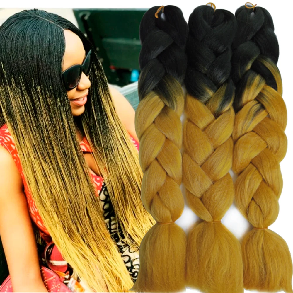 Ombre Braiding Hair Extensions Fake Hair Kanekalon 2 Tone, 3 pcs 24inch 100g, B10 black and golden blond Plus Kit