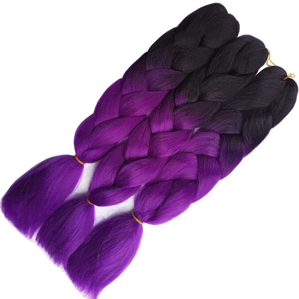 Ombre Braiding Hair Extensions Fake Hair Kanekalon 2 Tone, 3 pcs 24inch 100g, B26 black and purple Plus Kit