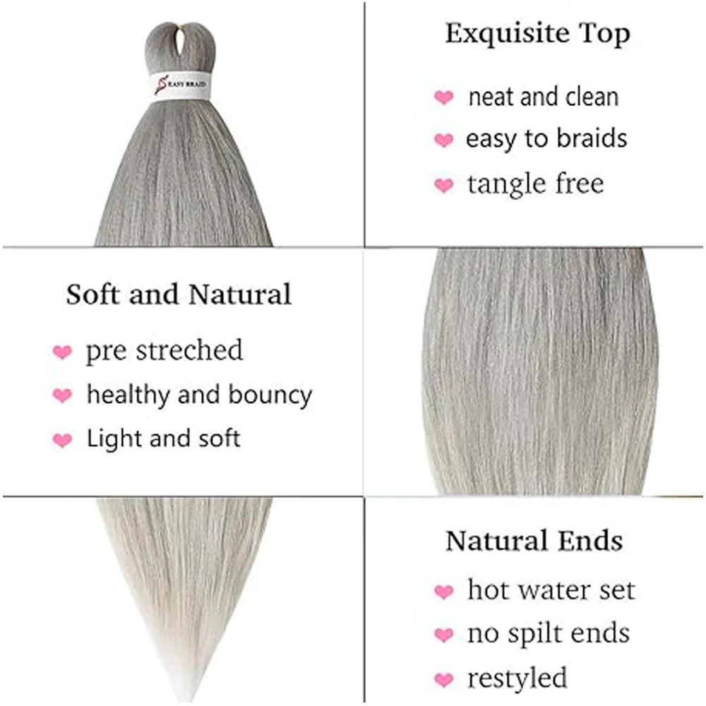 Pre Stretched Braiding Hair, 3 pcs, Silver#