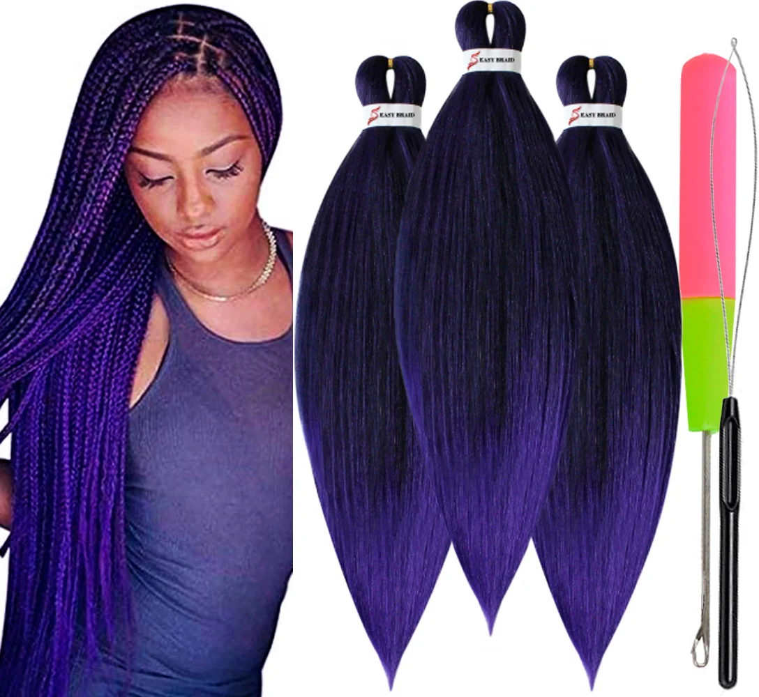 Pre Stretched Braiding Hair, 3 pcs, T1B Purple#