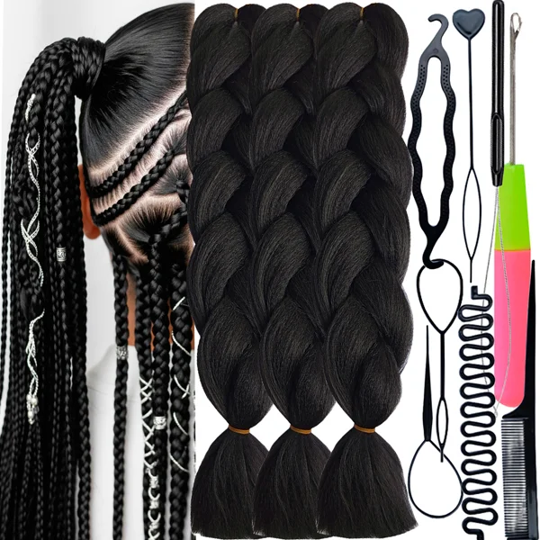Training Kit For Braids With Synthetic Hair Kanekalon 3pcs, Braiding Kit
