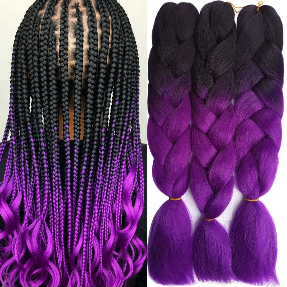 Ombre Braiding Hair Extensions Fake Hair Kanekalon 2 Tone, 3 pcs 24inch 100g, B26 black and purple Plus Kit