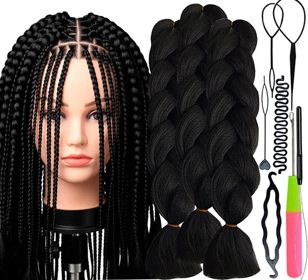 Training Kit For Braids With Head Gear Training Head, Synthetic Hair Kanekalon 3pcs, Braiding Kit