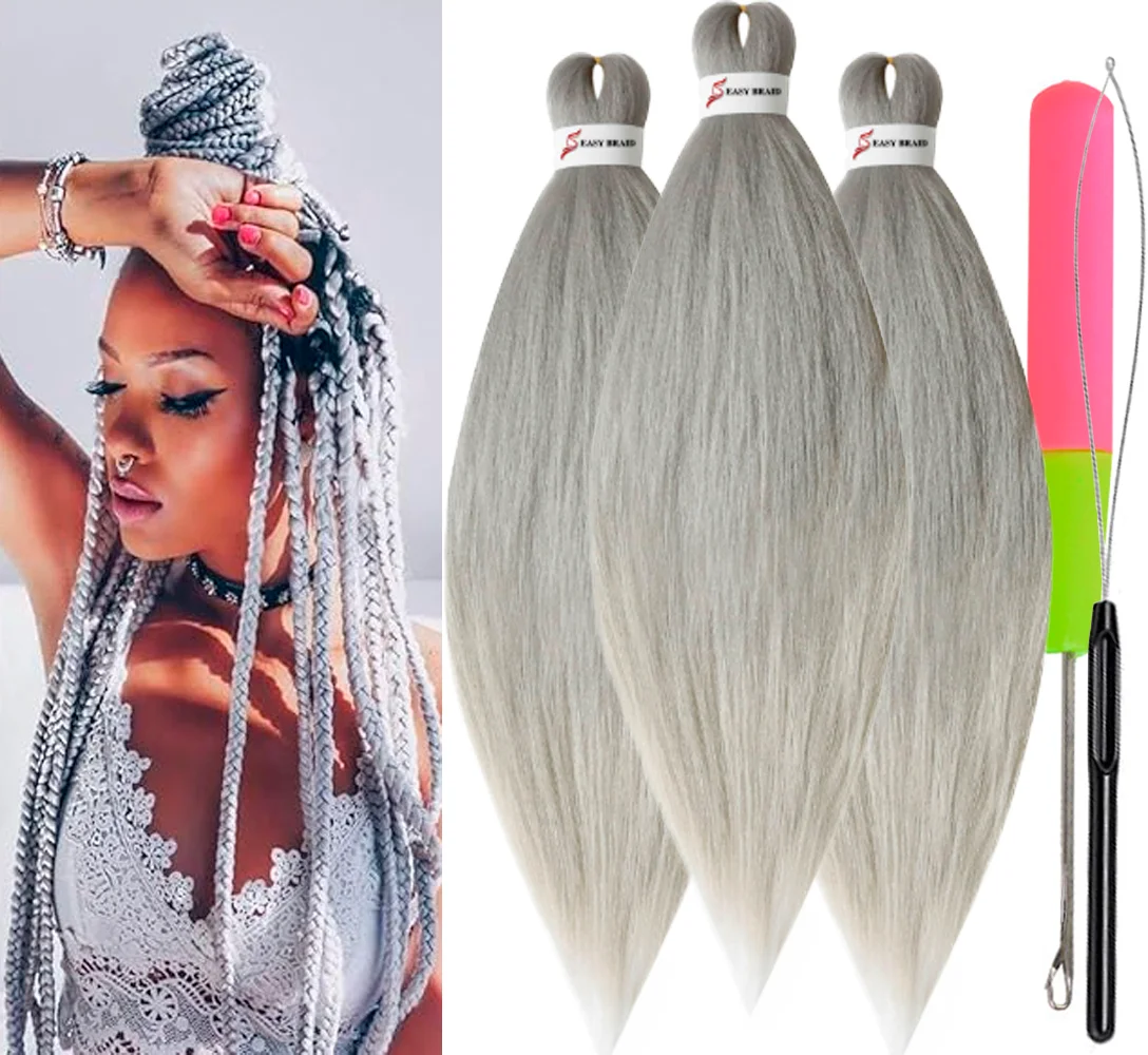 Pre Stretched Braiding Hair, 3 pcs, Silver#