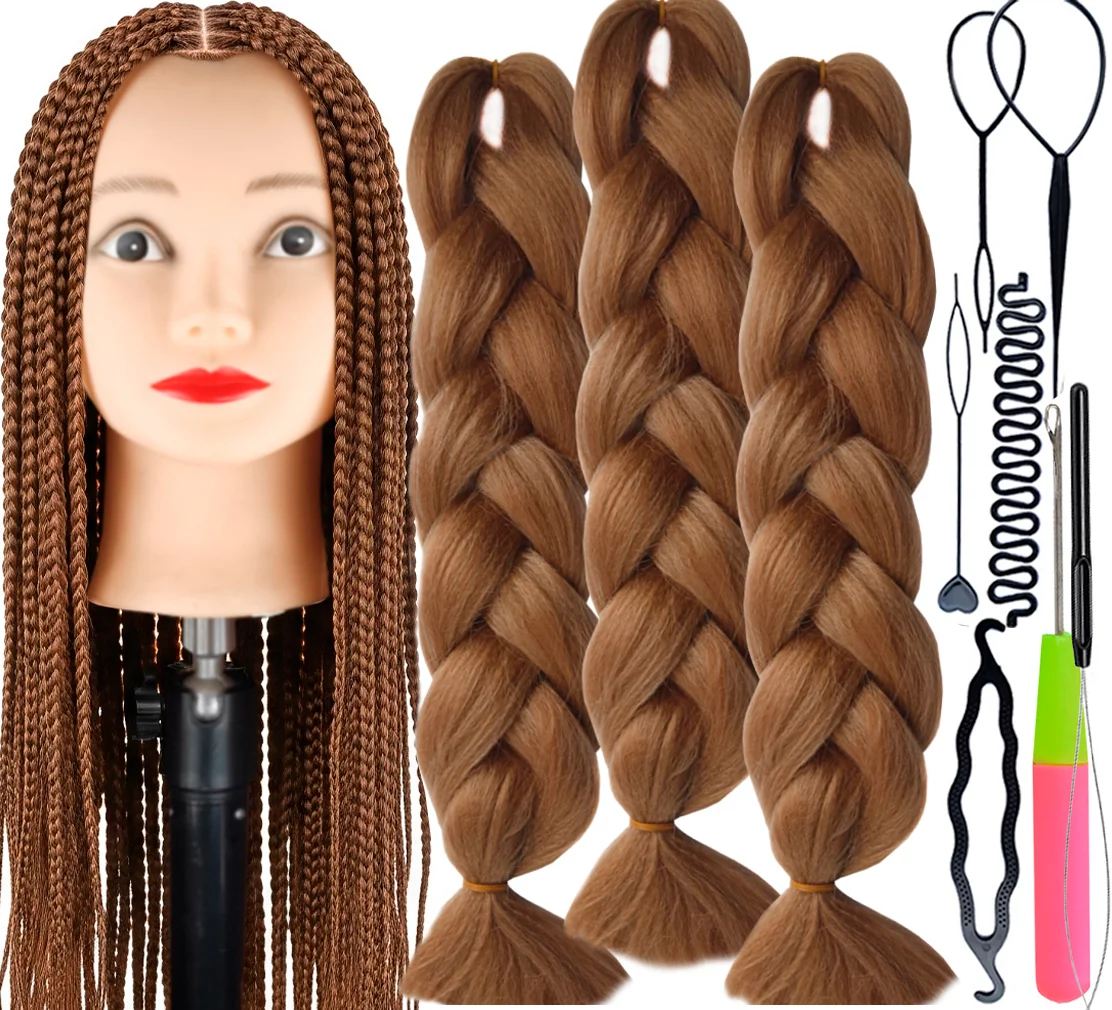 Training Kit For Braids With Head Gear Training Head, Synthetic Hair Kanekalon 3pcs, Braiding Kit