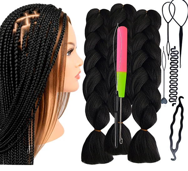 Training Kit For Braids With Head Gear Training Head, Synthetic Hair Kanekalon 3pcs, Braiding Kit