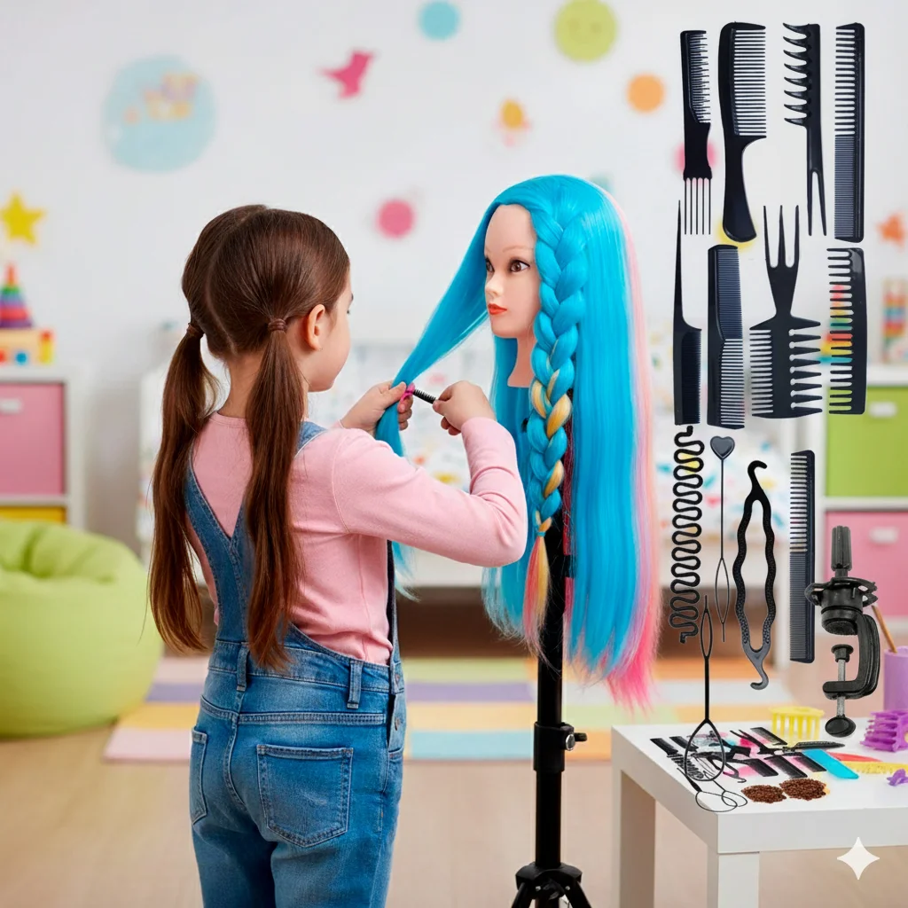 Mannequin Head Colorful Long Synthetic Hair with Training Kit for Hairstyles and Manicure DHM6