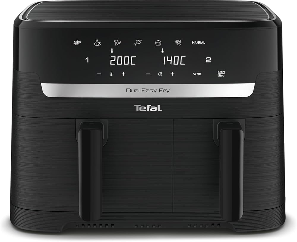 Tefal Dual Easy Fry, Friteuse à air chaud à double chambre, 8,3 l, 2Kg de nourriture, 2 tiroirs indépendants, 7 programmes automatiques, Econome en énergie, Airfryer, Noir, EY901810
