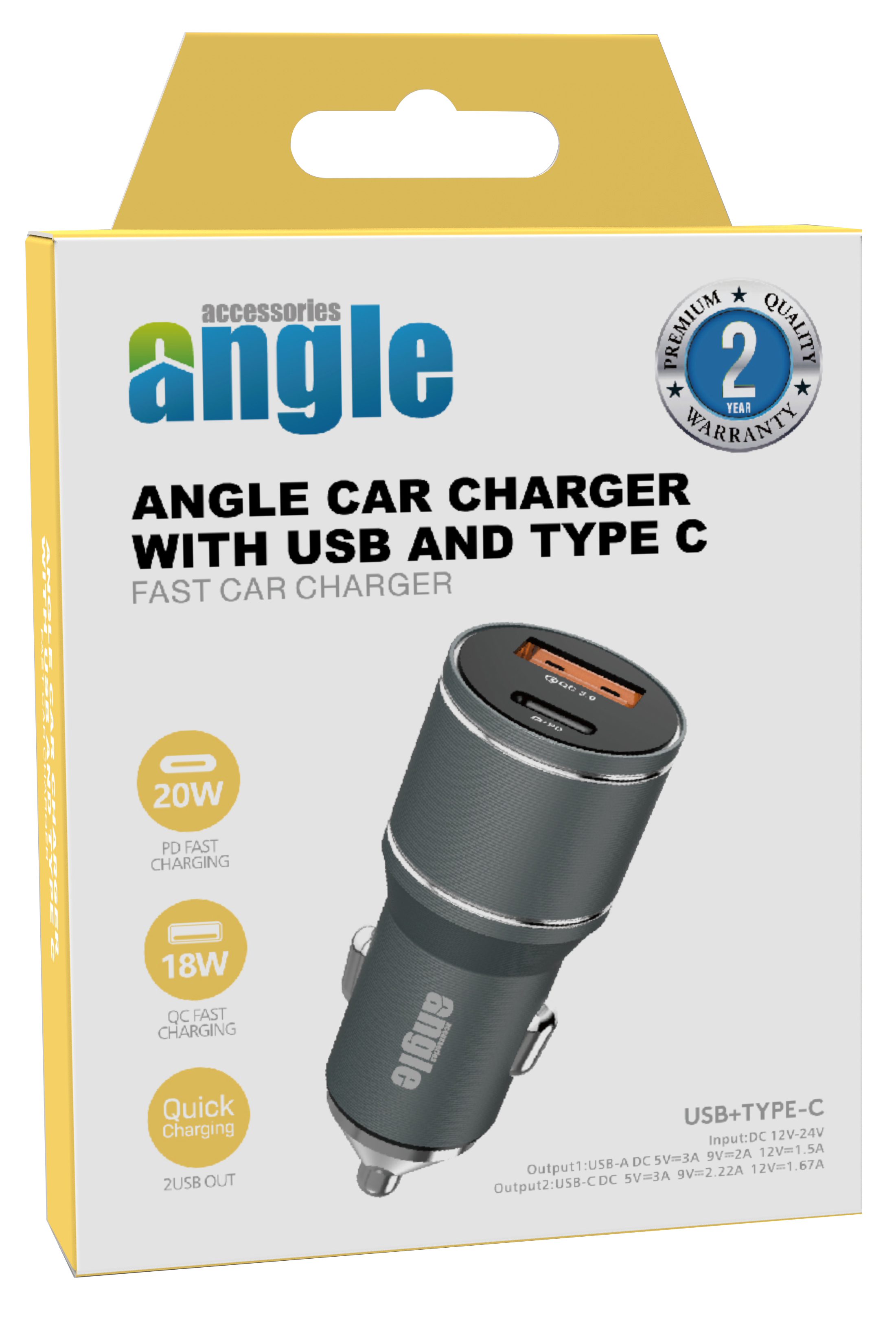 Angle Car Charger with USB and Type C