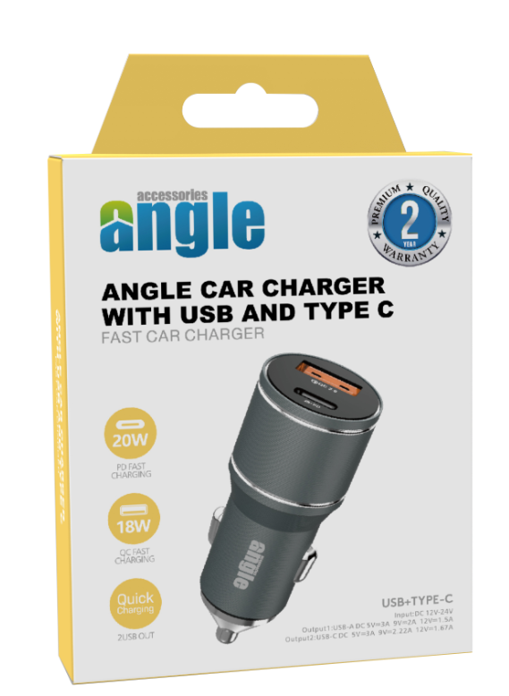 ANGLE CAR CHARGER WITH USB AND TYPE C abc