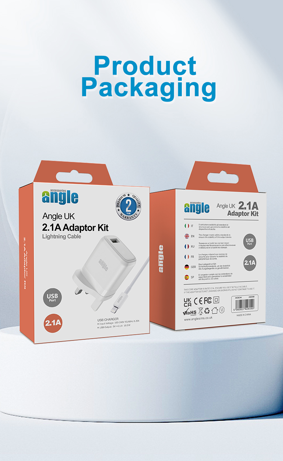 Angle UK 2.1A USB Adaptor with Lightning Cable