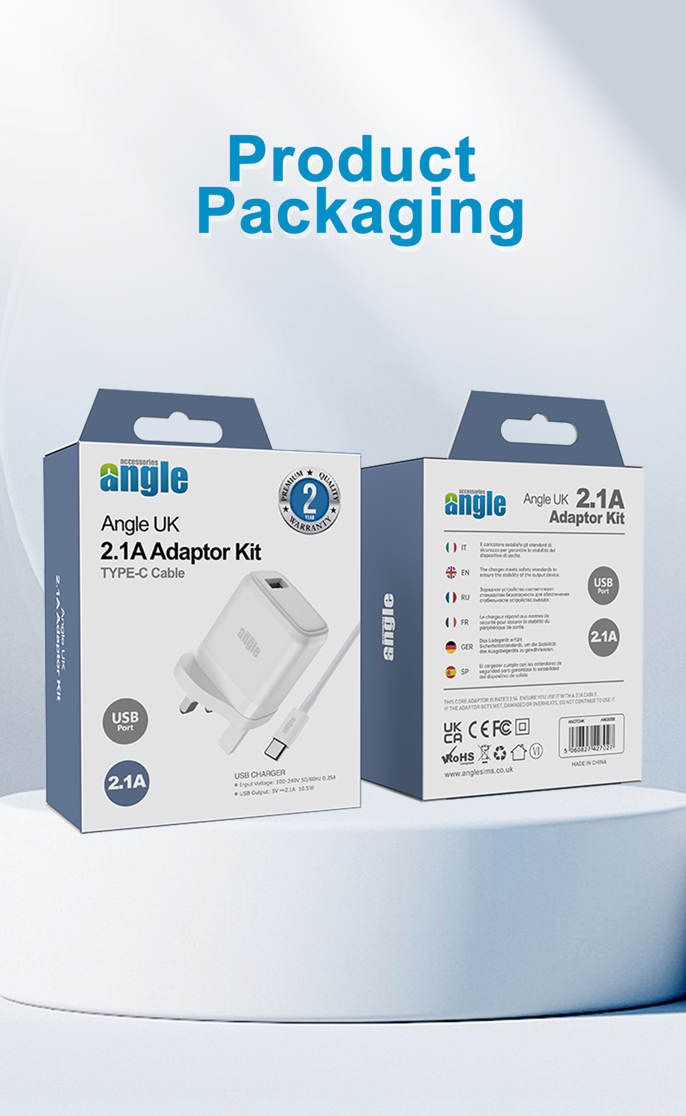 Angle UK 2.1A USB Adaptor with Type C cable