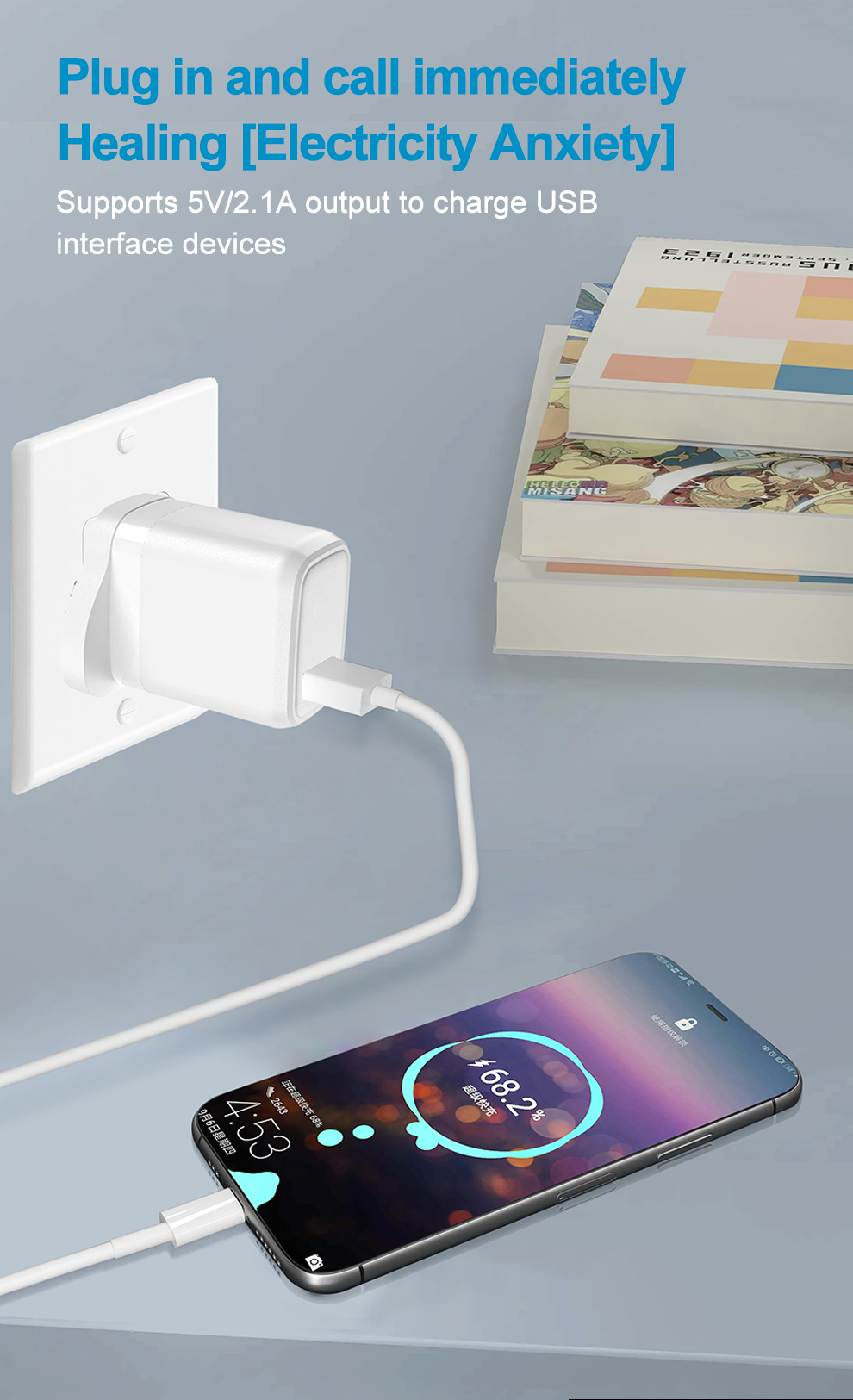 Angle UK 2.1A USB Adaptor with Type C cable