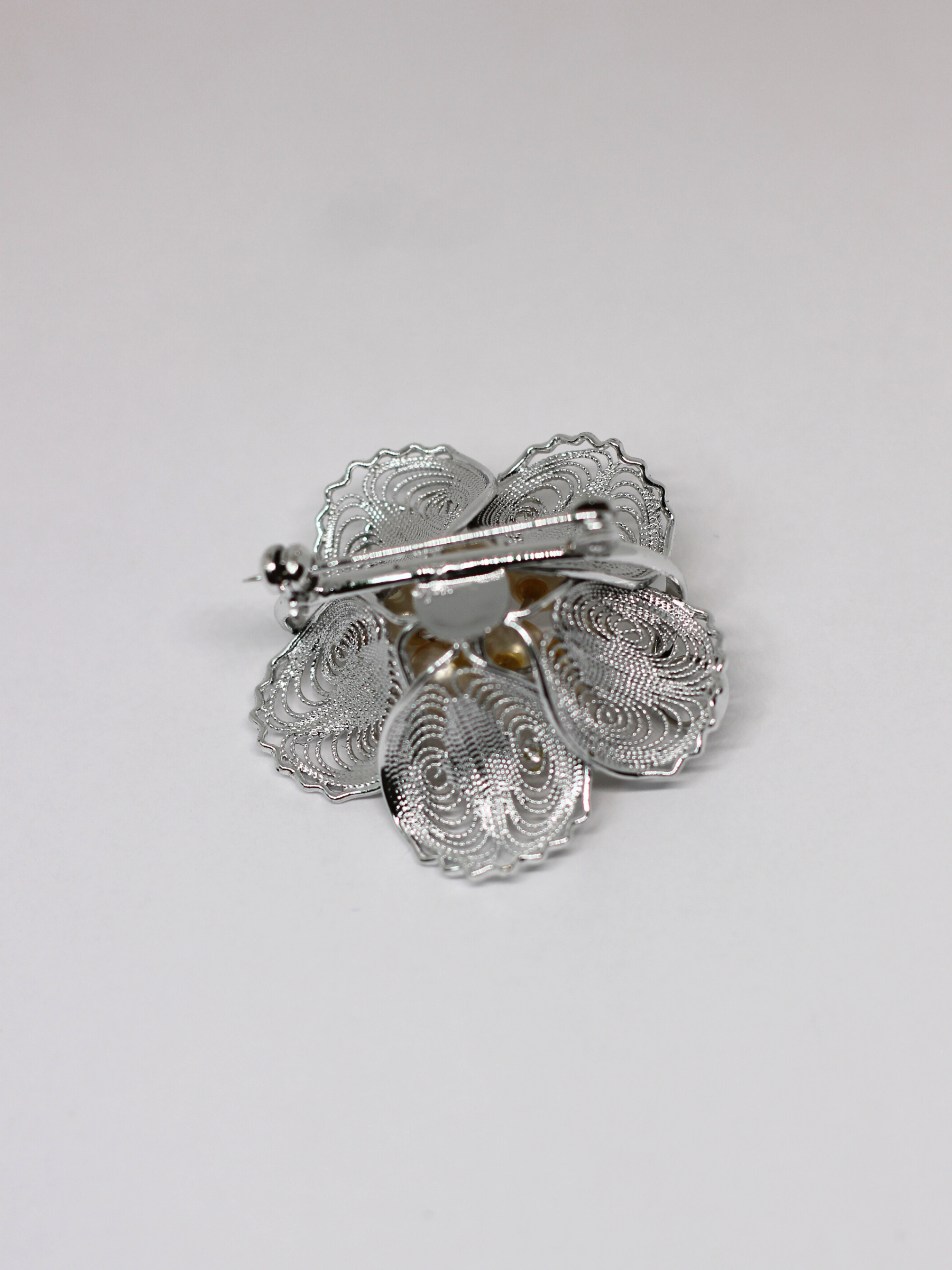 Silver Filigree Flower Akoya Pearl Brooch