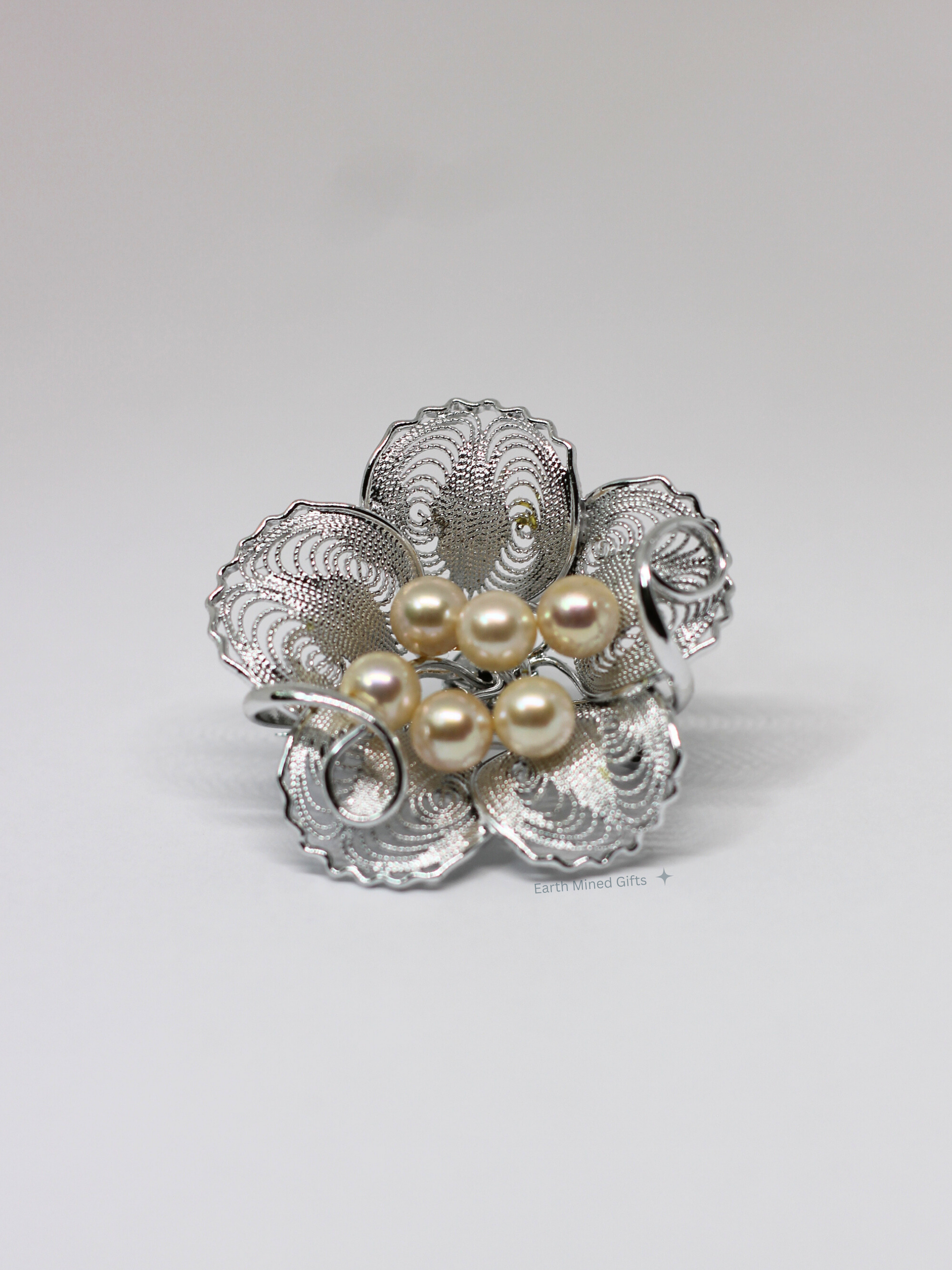 Silver Filigree Flower Akoya Pearl Brooch
