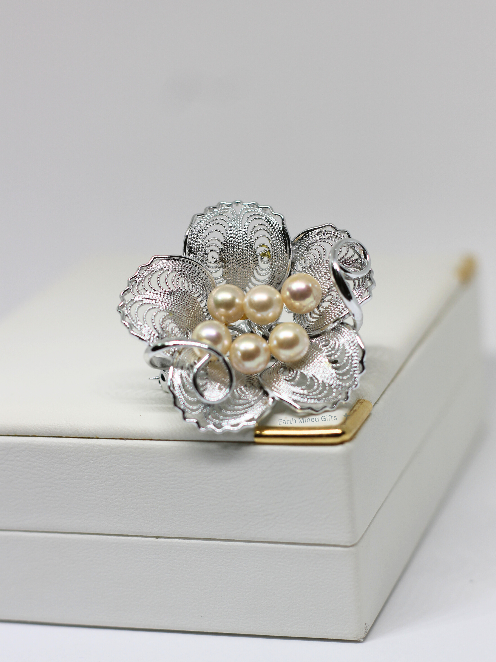 Silver Filigree Flower Akoya Pearl Brooch